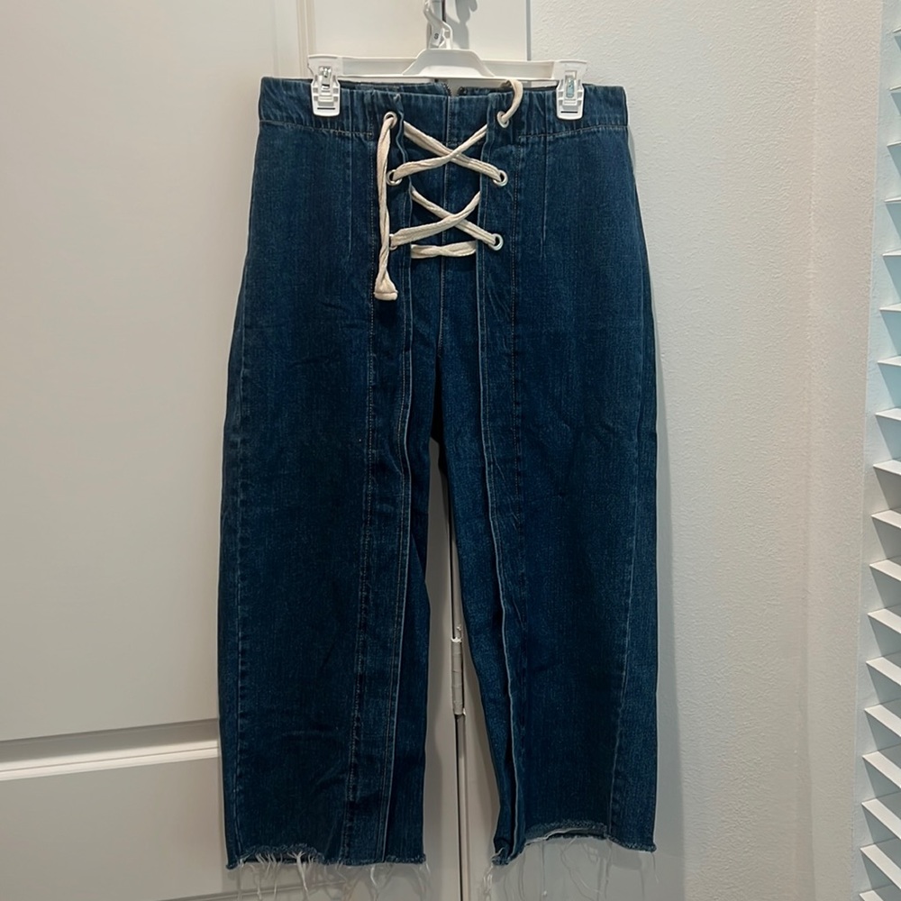 Top Shop Front Lace up Moto Cropped Jeans